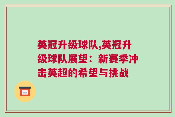 英冠升级球队,英冠升级球队展望：新赛季冲击英超的希望与挑战