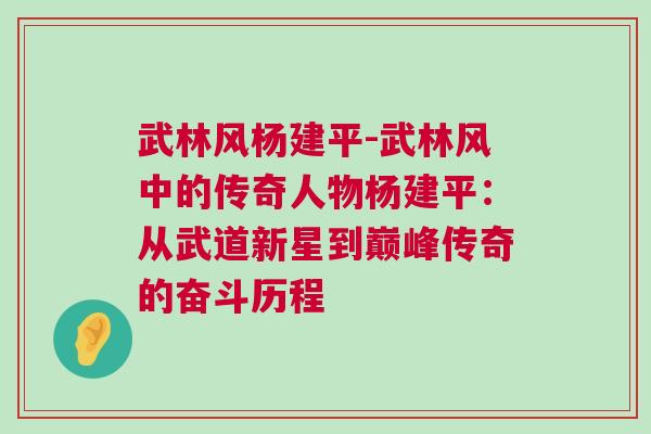武林风杨建平-武林风中的传奇人物杨建平：从武道新星到巅峰传奇的奋斗历程