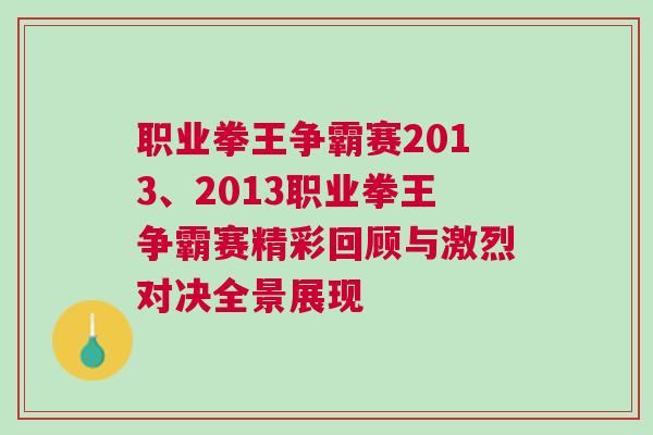 职业拳王争霸赛2013、2013职业拳王争霸赛精彩回顾与激烈对决全景展现